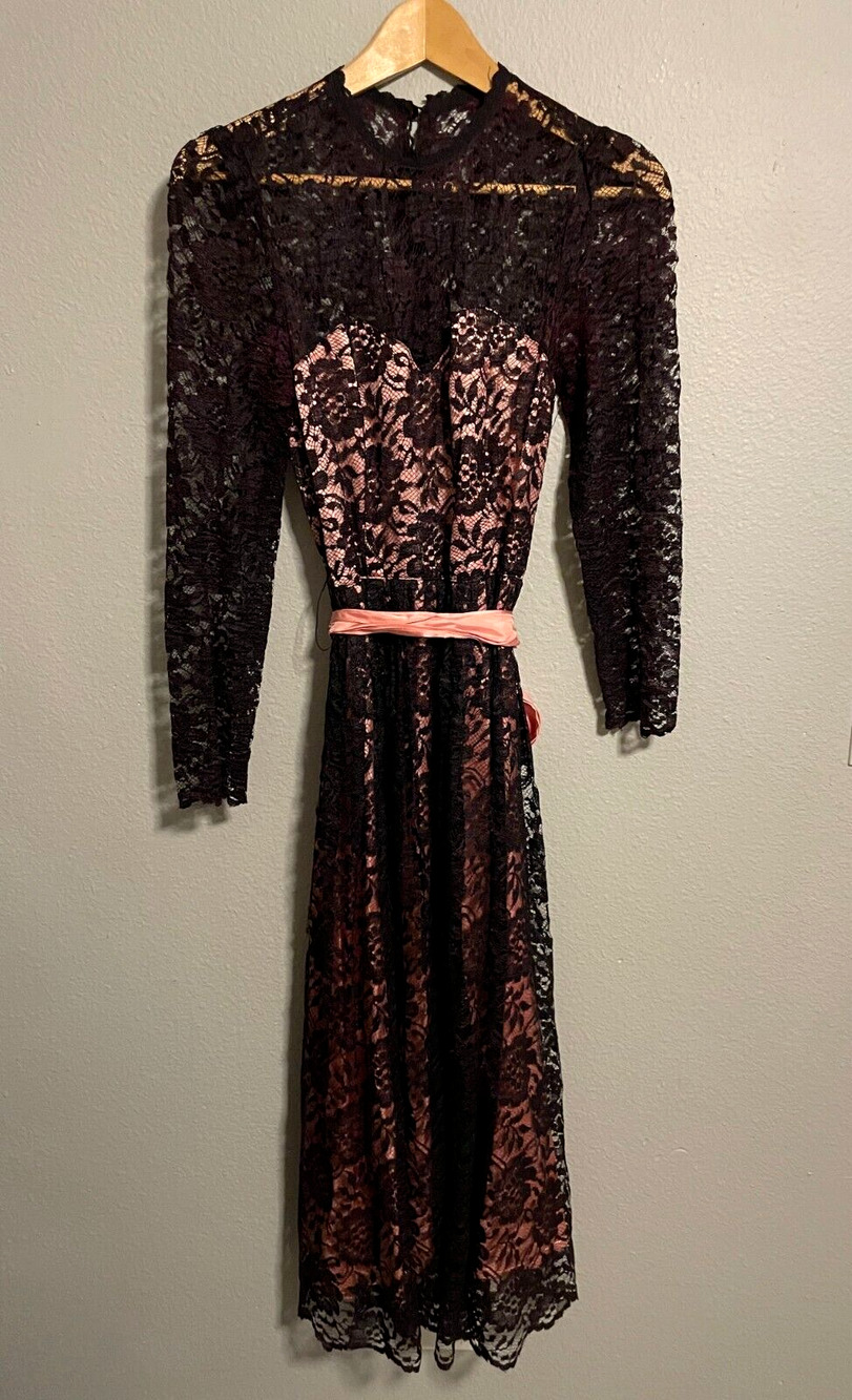Vintage Handmade Womens Dress Small Black Floral Lace Belted Gothic Victorian